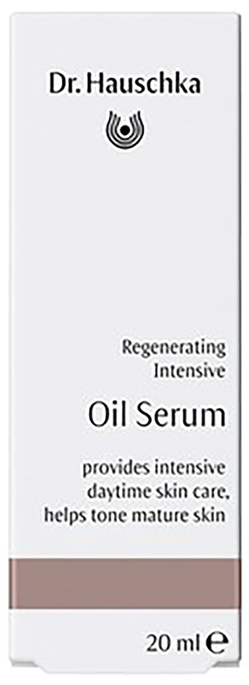 A white box labeled Dr. Hauschka Oil Serum with a logo, describes its benefits, size 20ml, for skin care.