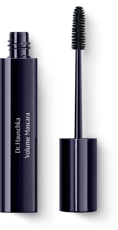 A black mascara tube with the cap removed, showing the brush. The label says "Dr. Hauschka Volume Mascara."
