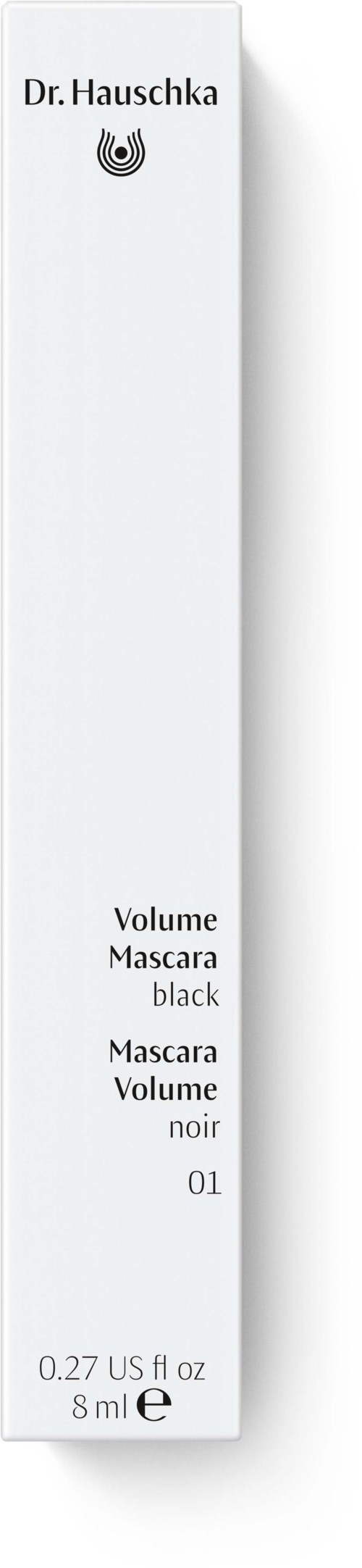 A white box with black text and a logo, showing mascara details, volume, color, and size.