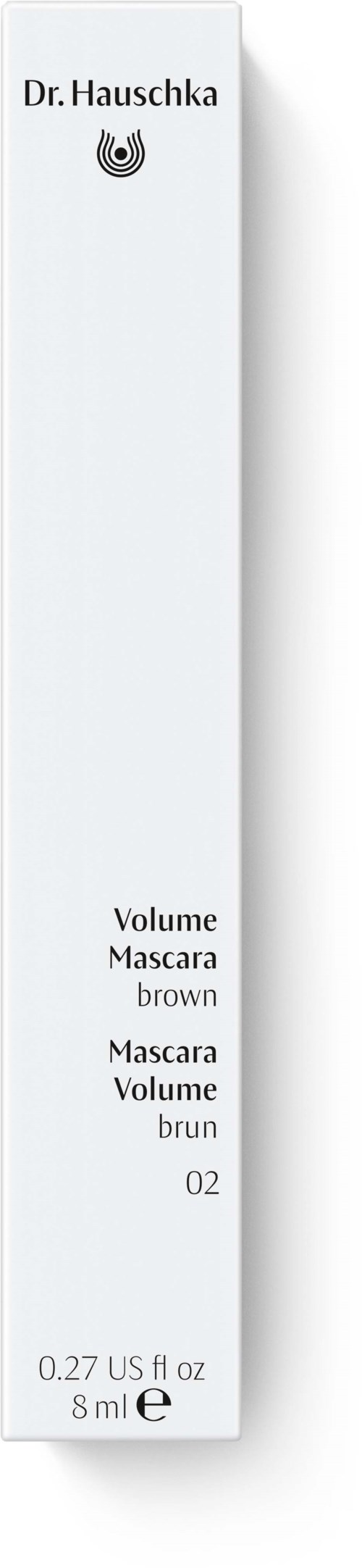 A white box with black text, showing product name, description, and volume details for brown mascara.