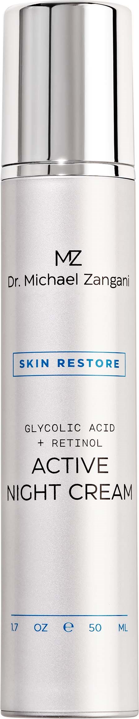 En hvit flaske med sølvfarget topp merket Dr. Michael Zangani, skin restore, for aktiv nattkrem.