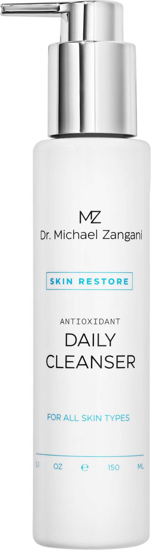 En hvit flaske med pumpe merket Dr. Michael Zangani Skin Restore Daily Cleanser for alle hudtyper.