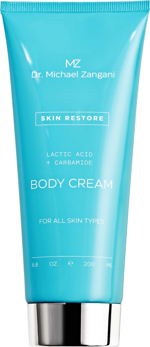 Blue body cream tube from Dr. Michael Zangani, labeled for all skin types, with ingredients lactic acid and carbamide.