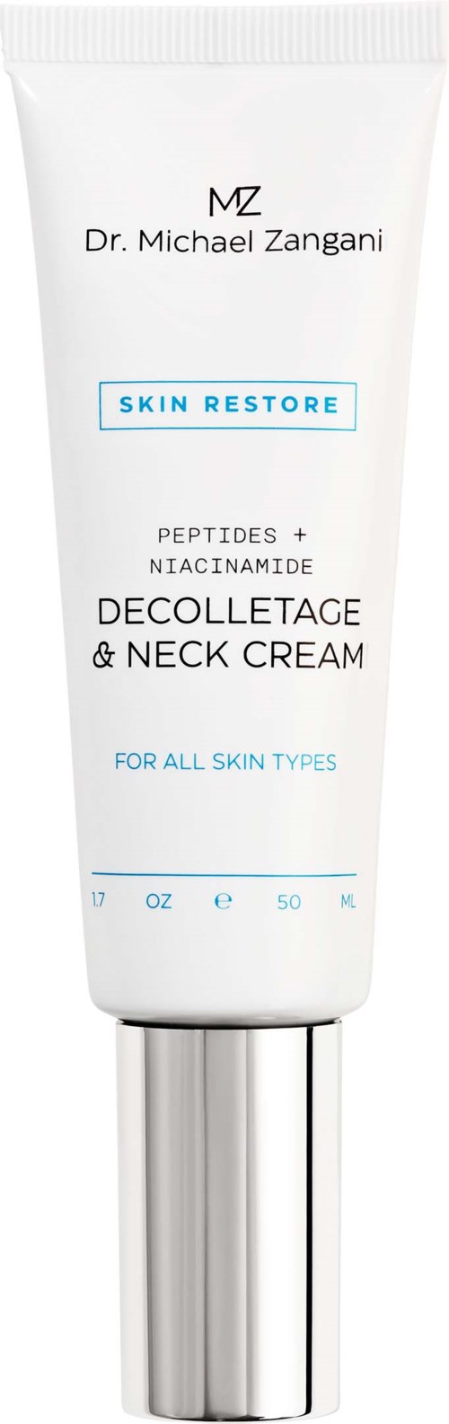 Hvit tube merket 'Dr. Michael Zangani' med blå tekst, sier 'Skin Restore' og 'Decolletage & Neck Cream'.