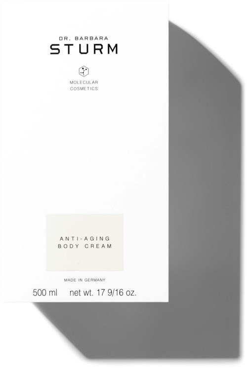 Verpackung mit Kosmetikmarken, Anti-Aging-Körpercreme, 500 ml, hergestellt in Deutschland, einfaches weißes und graues Design.
