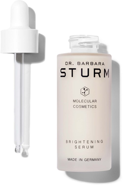 Eine weiße Flasche mit Tropfer, beschriftet mit 'Dr. Barbara Sturm Brightening Serum' aus Deutschland.