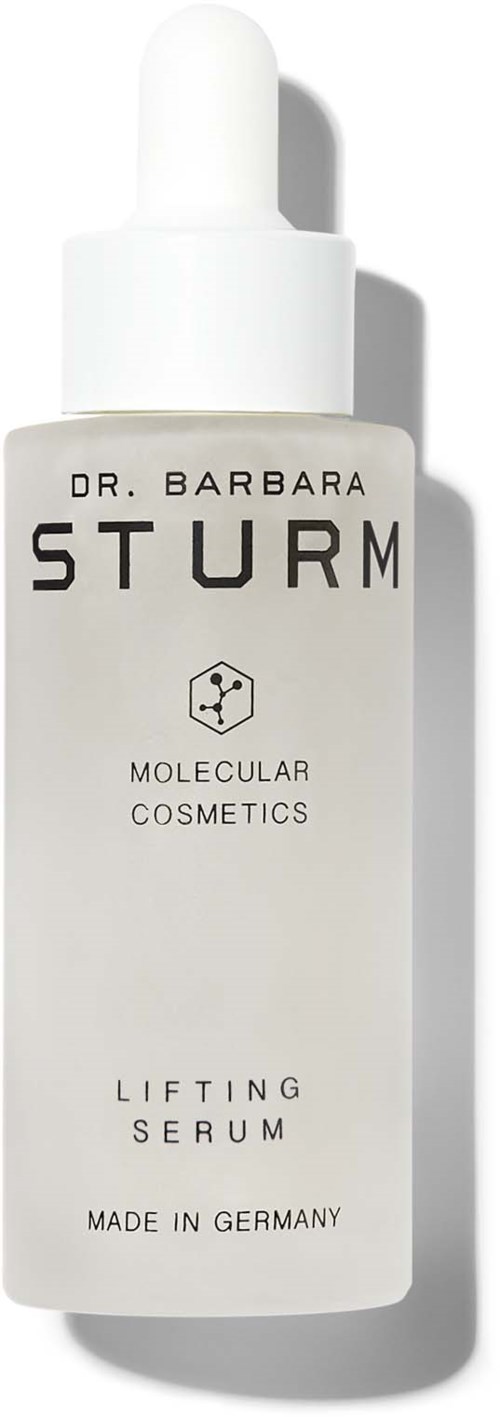 Eine weiße Flasche mit Tropferspitze, beschriftet 'Dr. Barbara Sturm Molecular Cosmetics Lifting Serum', hergestellt in Deutschland.