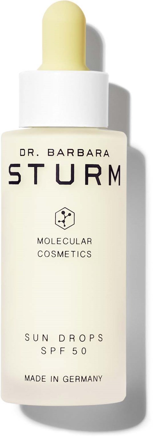 Kleine witte fles met gele druppel, label Dr. Barbara Sturm, Molecular Cosmetics, Sun Drops SPF 50.