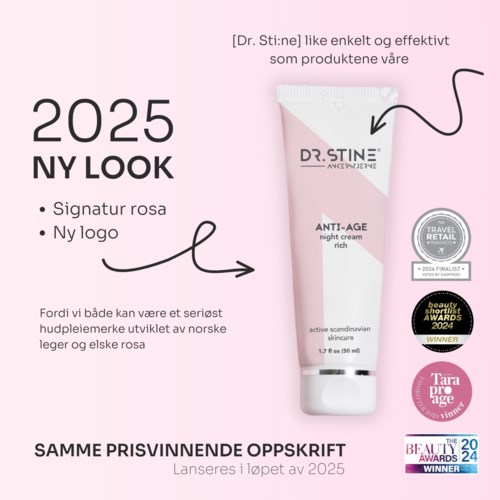 Een roze en witte anti-verouderingscrème tube met prijzen en tekst over nieuwe look en logo in 2025.
