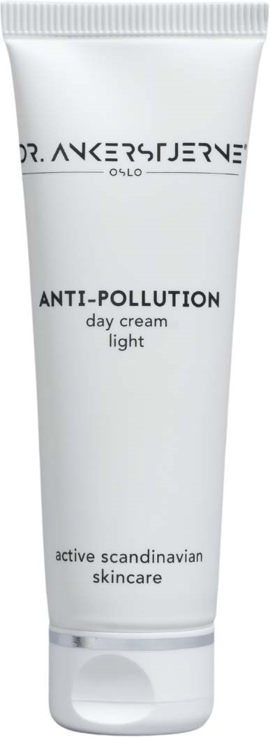 Een witte tube dagcrème met 'Anti-Pollution' van Dr. Anders Jerve, eenvoudige zwarte tekst en flip-top deksel.
