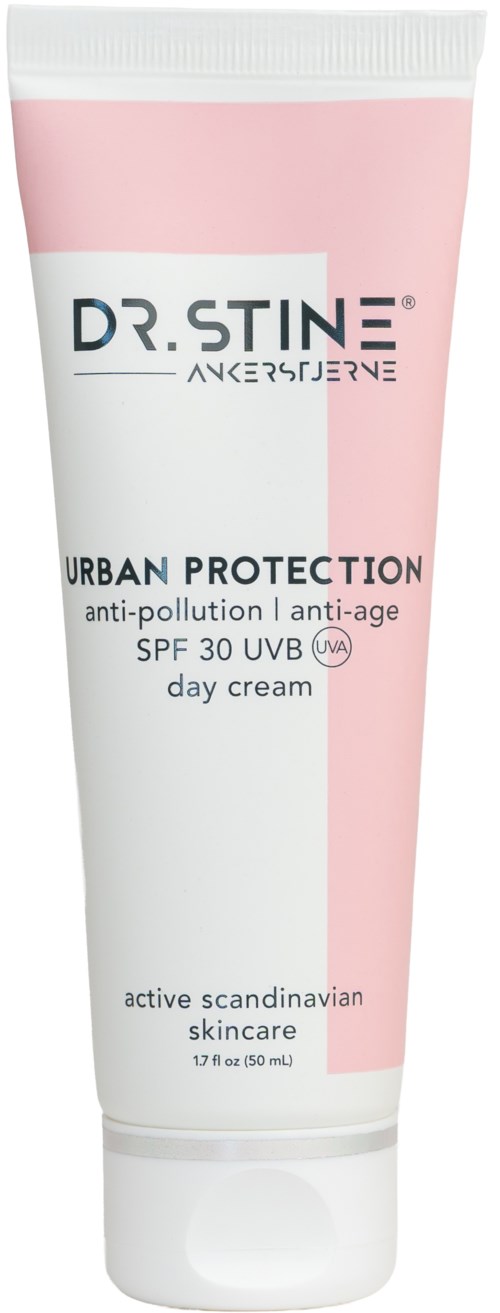 Valkoinen ja pinkki putki Dr. Stine Urban Protection anti-pollution päivävoide SPF 30 UV-suoja.