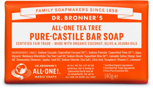 Pure-Castile zeep met tea tree, kokos, olijf en jojoba oliën. Gemaakt sinds 1858, natuurlijk en milieuvriendelijk.