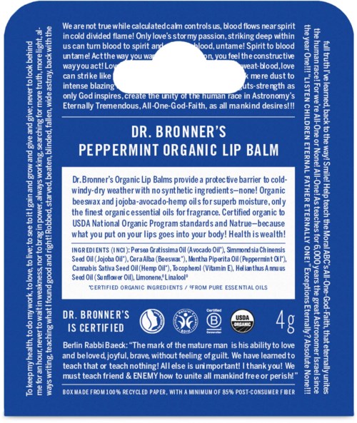 Een blauw label voor Dr. Bronner's pepermunt biologische lippenbalsem, met productbeschrijving en ingrediënten.