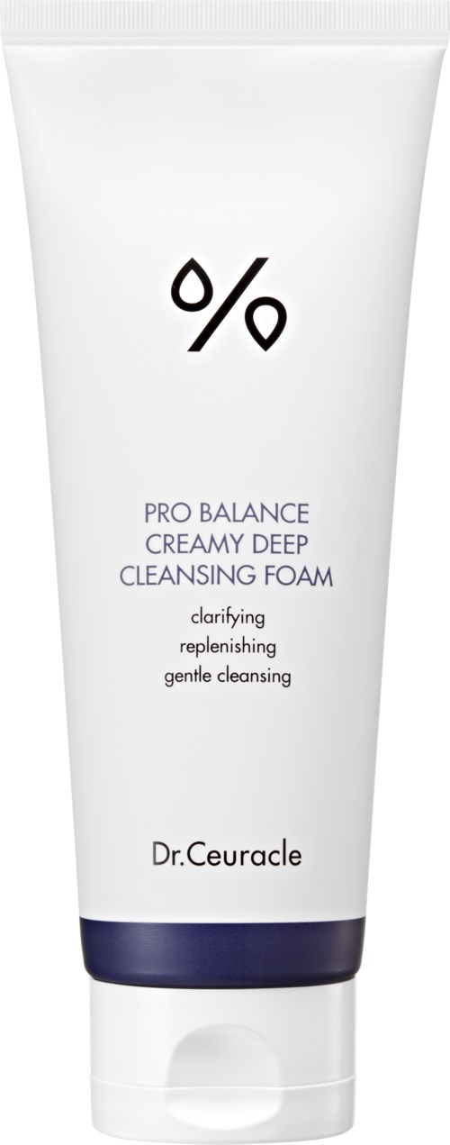 Een witte tube met een donkerblauwe dop met reinigingsschuim voor de huid, gelabeld 'Pro Balance Creamy Deep Cleansing Foam' door Dr. Ceuracle.