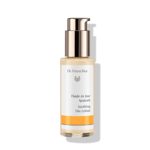 A small bottle of Dr. Hauschka's soothing day lotion with a silver pump and white label.