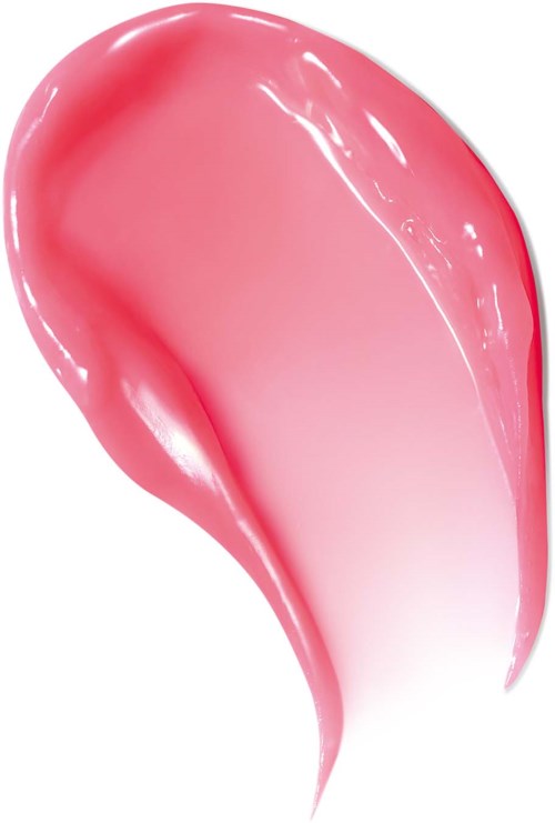 Pink liquid lipstick swatch on white background.