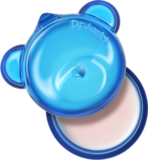 A blue bear-shaped container with a seal, showing cream inside. The container has the text Dr. Jart+ on it.