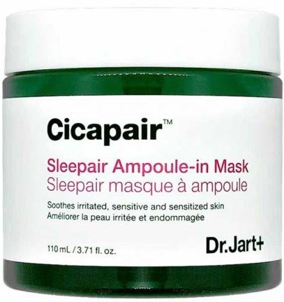 En grön och vit burk av Dr. Jart+ Cicapair Sleepair Ampoule-in Mask för irriterad och känslig hud.