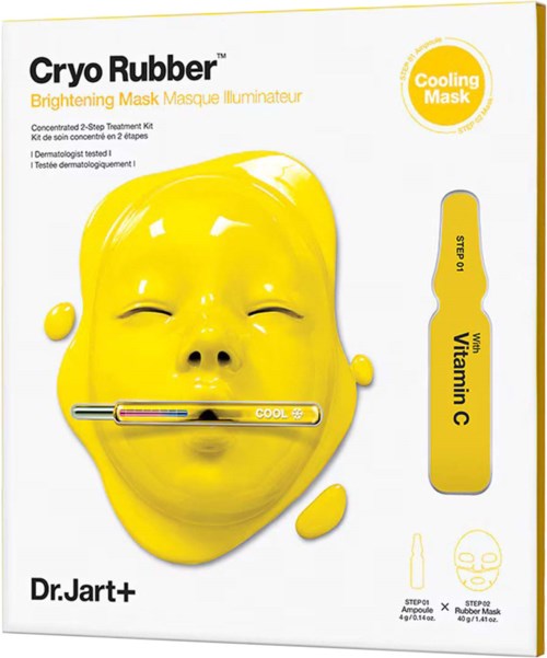 Förpackning av Cryo Rubber med Brightening Vitamin C, visar en ansiktsmask och en termometer, främjar hudvård.