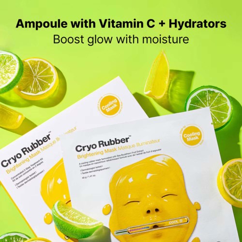 En gul ansiktsmask med stängda ögon och leende, förpackning visar ett ansikte med en termometer, och en liten tub märkt Vitamin C.