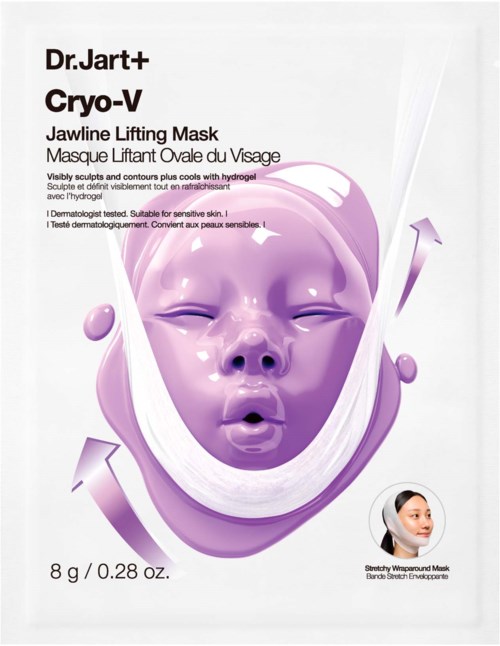 Pakning for Dr. Jart+ Cryo-V Jawline Lifting Mask med illustrasjon av en lilla ansiktsmaske og et lite modellbotos.