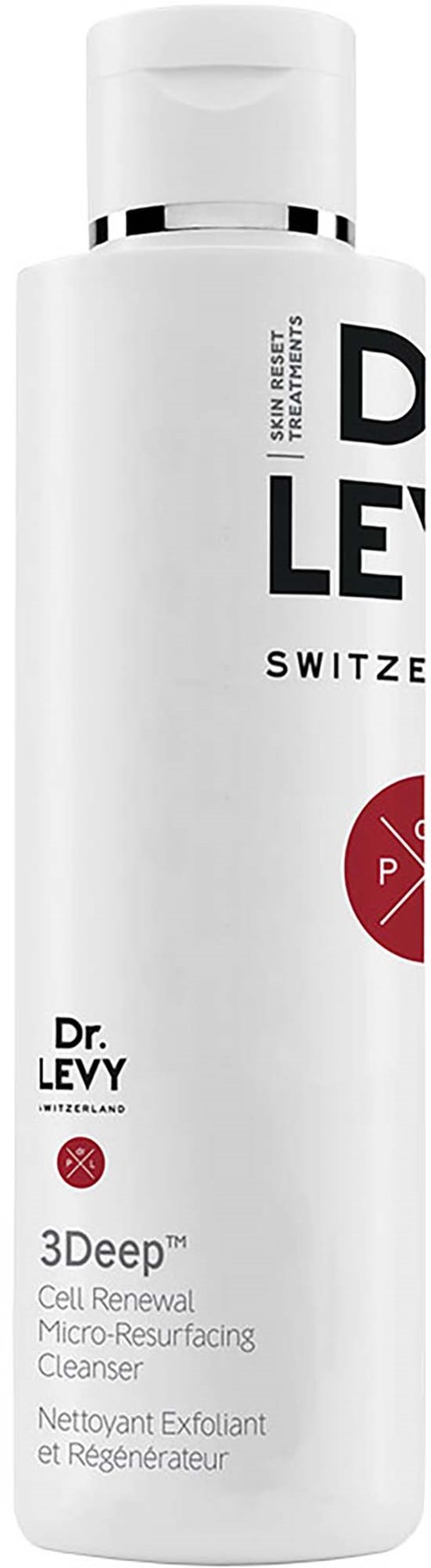 Dr. Levy 3Deep Cell Renewal Micro-Resurfacing Cleanser i en vit flaska.