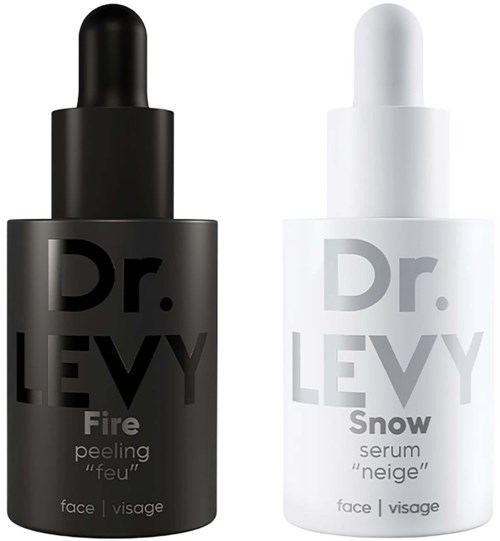 Svarta och vita flaskor av Dr. Levy hudvårdsprodukter, märkta Fire peeling och Snow serum, med droppkapslar.