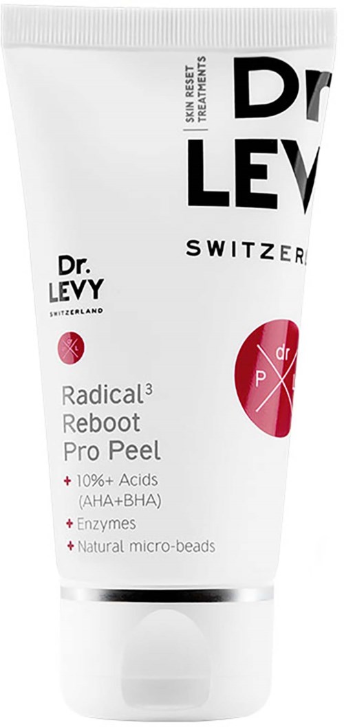 En vit tub med hudvårdsprodukt med svart och röd text som visar att det är Dr. Levy Radical3 Reboot Pro Peel.