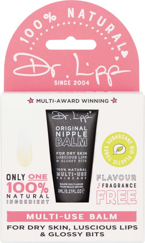 Pink label with a cutout, text mentioning 100% natural, multi-award winning, and free flavor. Contains a black tube of balm.