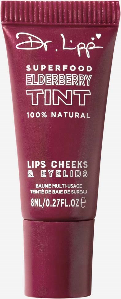A small tube labeled 'Elderberry TINT' for lips, natural, for cheeks and eyelids, in red packaging.