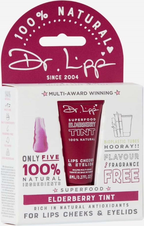 A Dr. Lipp Elderberry Tint package, featuring a magenta and white design, highlights natural ingredients, flavor, and free bioplastic tubes.