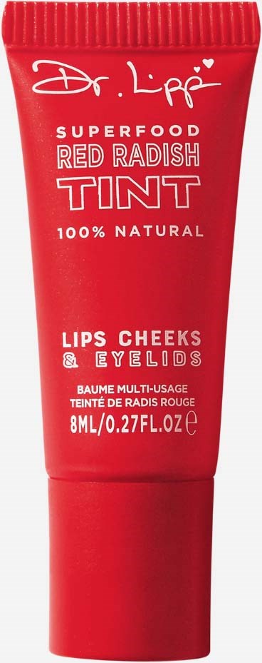 Red tube of lip and eye cheek tint with white text, claims natural ingredients and is 8ml size.