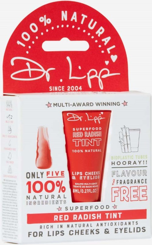 Red Radish Tint lip product on a white box with red and white text, highlighting natural ingredients and free of fragrance.