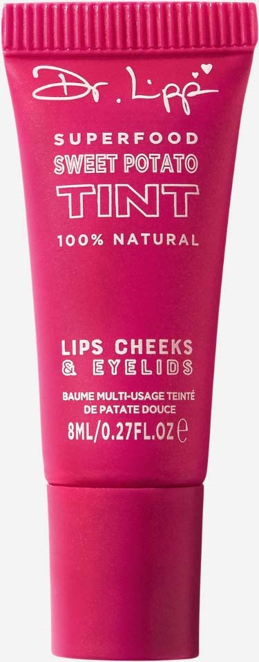 A pink tube labeled Dr. Lipp Superfood Sweet Potato Tint, for lips, cheeks, and eyes, with natural ingredients, 8ml.