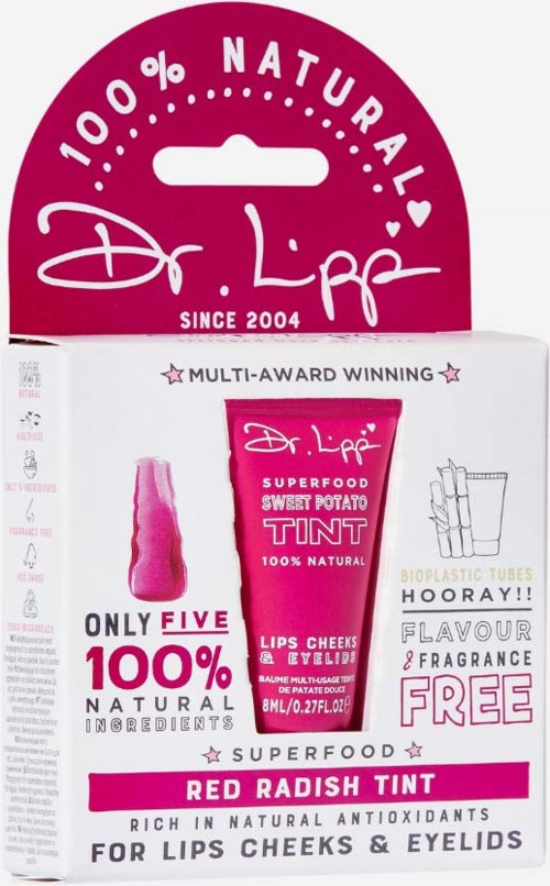 Pink tube labeled 'Sweet Potato Tint' with natural ingredients, for lips, cheeks, and eyelids, free fragrance, and bioplastic tubes.
