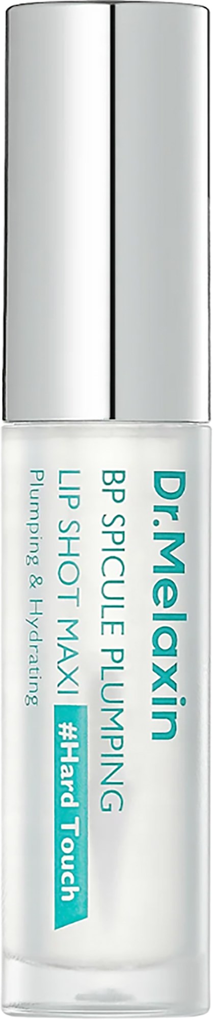 Dit is een doorzichtige, cilindervormige fles met zilveren kleppen met lipversterkend serum. Tekst geeft aan dat het voor lippen is.