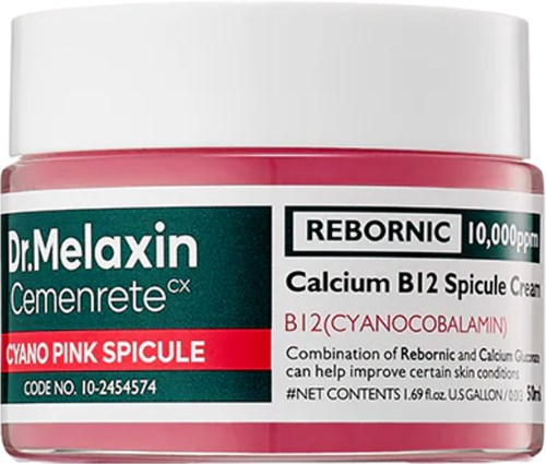 Roze potje met calcium spicule crème voor huid, aangeduid als Rebornic met 10.000 ppm sterkte.