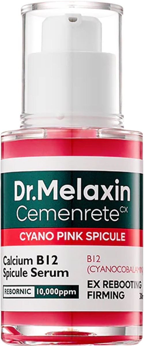 Kleine fles met huidverzorgingsserum met wit en roze label, genaamd Dr. Melaxín Cemenrete, voor huidversteviging.
