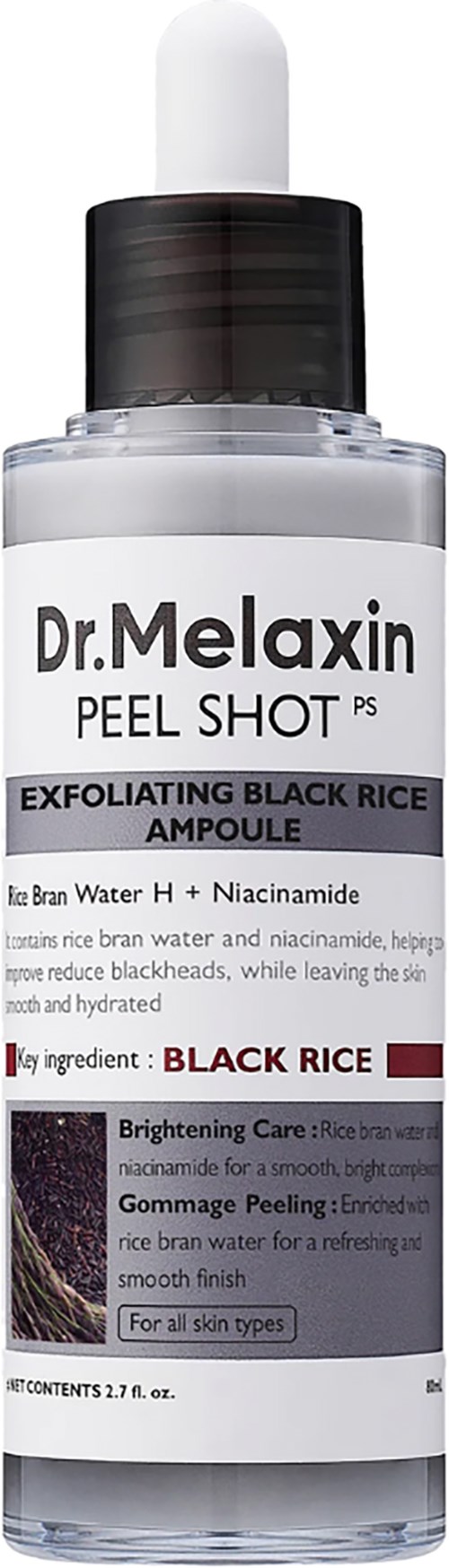 Verzorgingsfles met Dr. Melaxin Peel Shot met zwarte rijst en niacinamide voor exfoliëren en verhelderen.