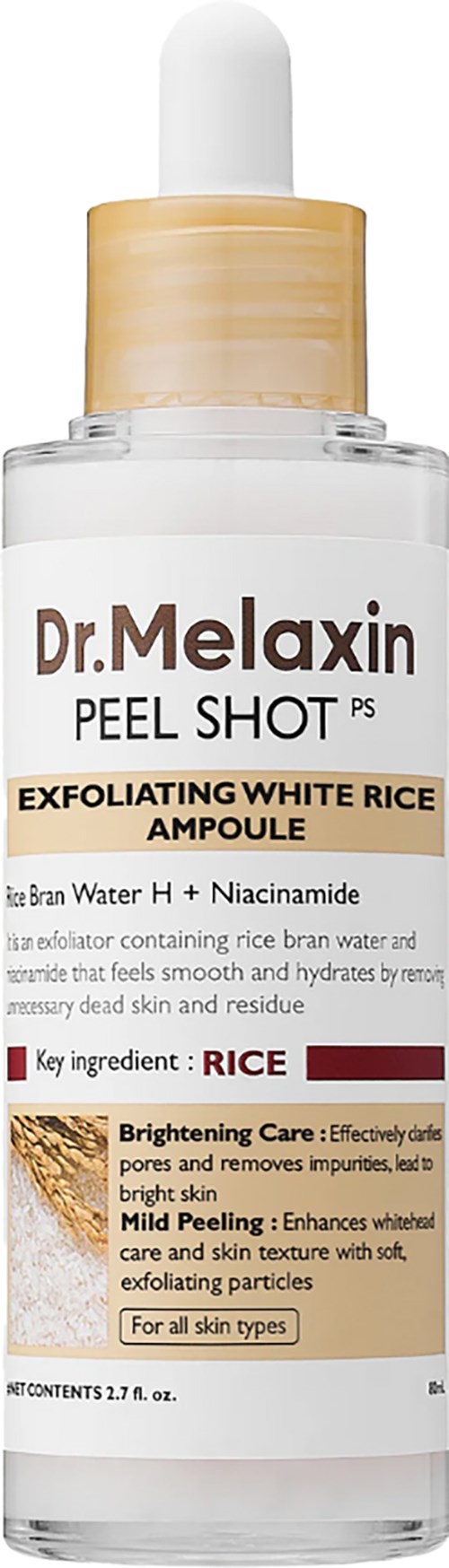 Een doorzichtige fles met witte vloeistof, gemarkeerd als Dr. Melaxinn Peel Shot voor exfoliatie en het verhelderen van de huid.