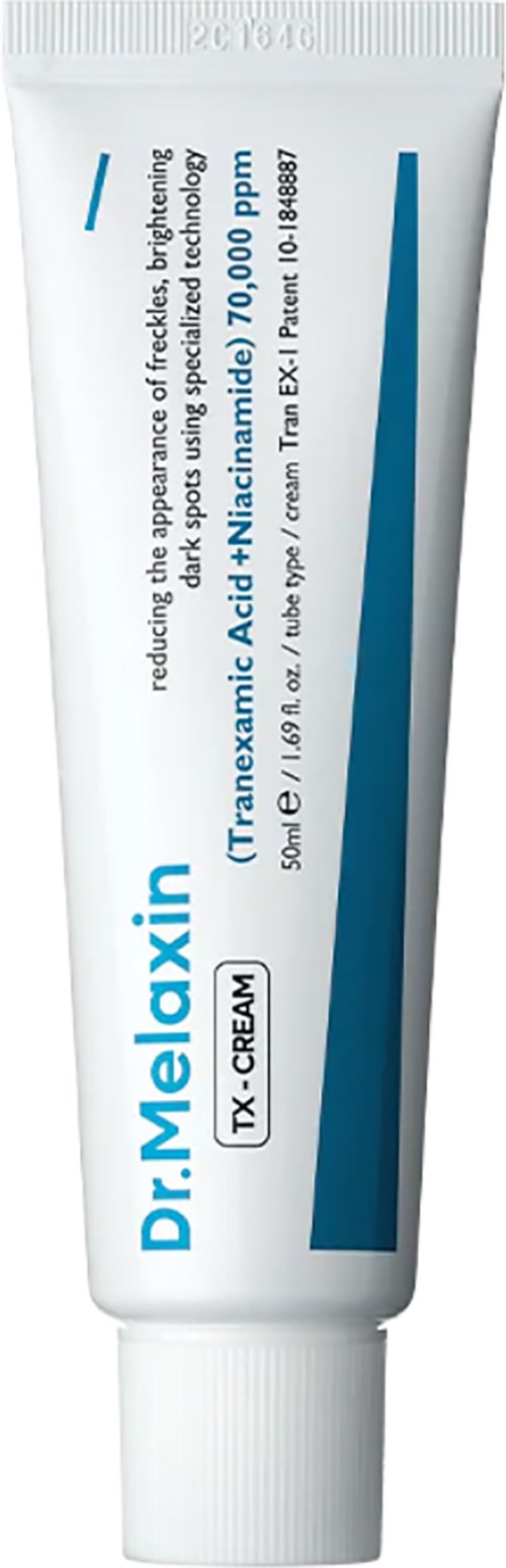 Een witte tube met Dr. Melaxin crème met blauwe tekst en blauwe streep, voor huidbehandelingen.