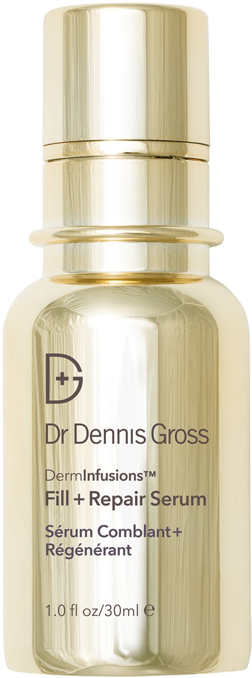 Kleine, glänzende, goldene Flasche mit Dr. Dennis Gross Serum 'Fill + Repair' für Hautreparatur und Regeneration.