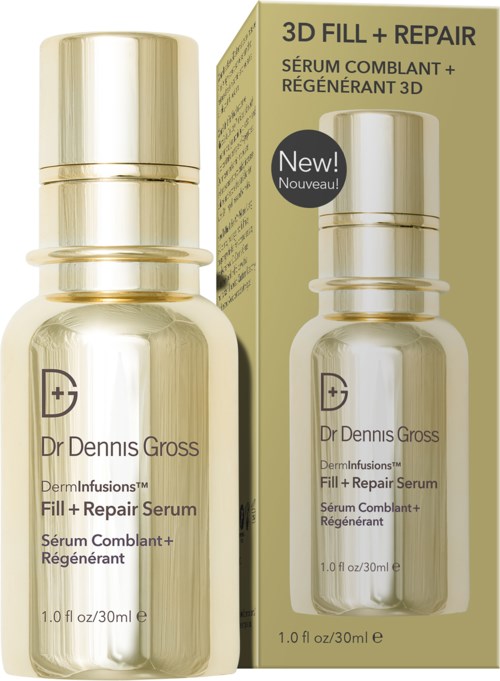 Eine goldene Flasche und Verpackung für Dr. Dennis Gross Serum, labeled als 3D Fill + Repair.