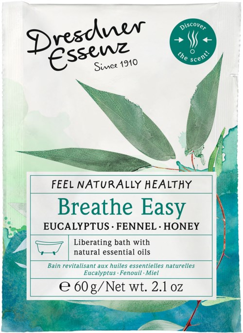 Ett paket för badsalt eller olja med blad och vattentvätt, märkt "Feel Naturally Healthy" och "Breathe Easy".