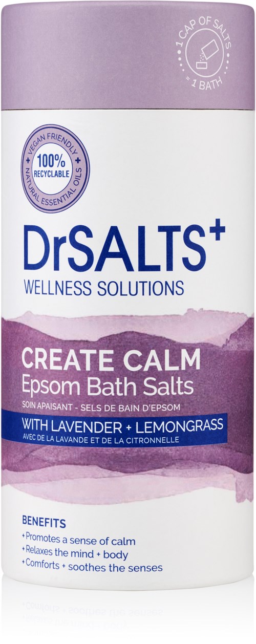 A bottle of Dr Salts bath salts with lavender and lemon grass, promoting calm and soothing senses.