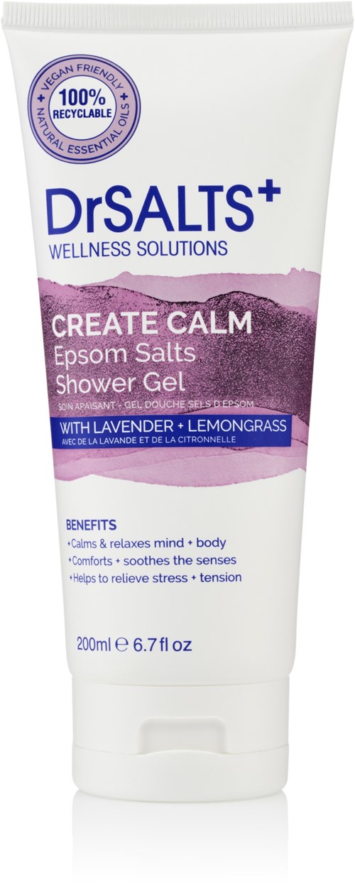 A white tube of shower gel with purple and blue labels, promoting relaxation and stress relief with lavender and lemongrass.