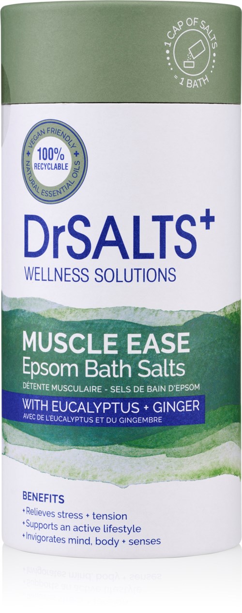 A cylindrical container of muscle relief Epsom bath salts with eucalyptus and ginger, promoting stress relief and relaxation.