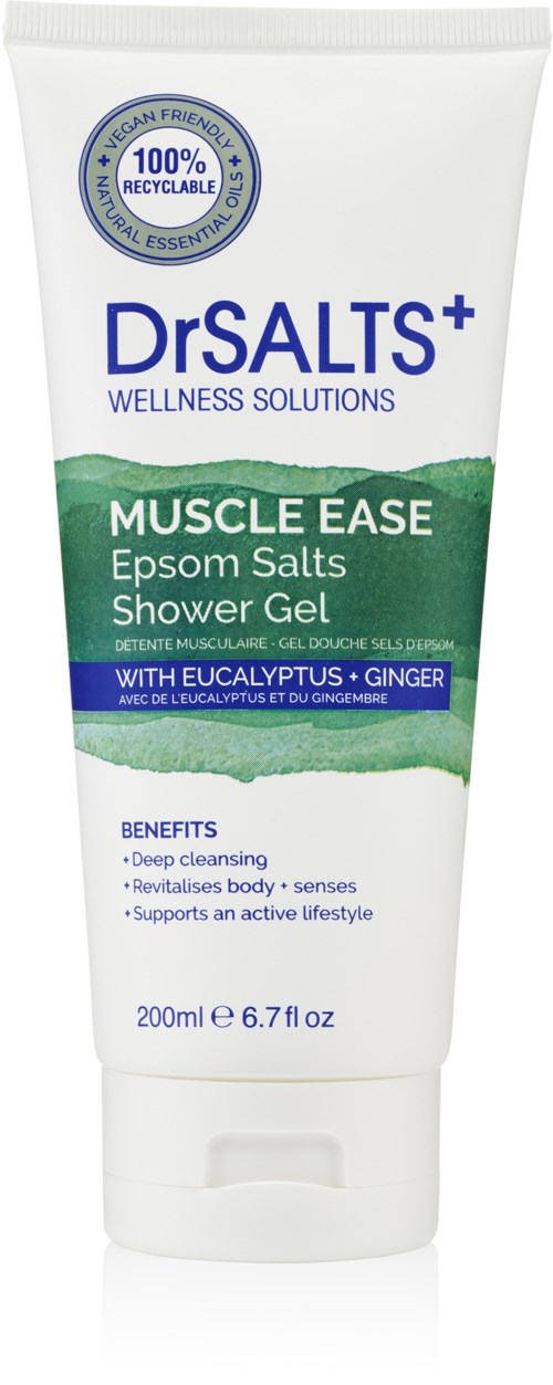 A white tube of Dr SALTS Muscle Ease shower gel with eucalyptus and ginger, showing benefits like deep cleansing and body revitalization.