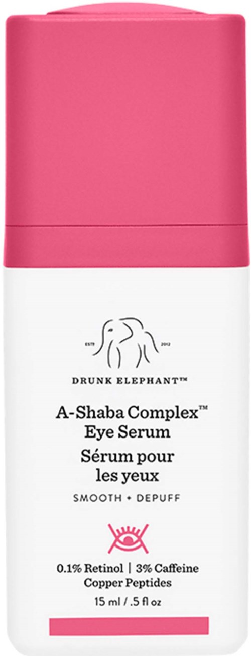 Rosa flaske med øyeserum med elefantlogo, merket Drunk Elephant, inneholder retinol og koffein.