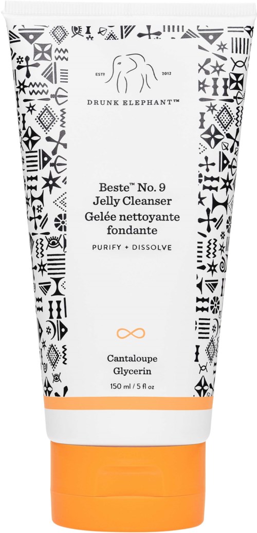 En svart-hvit tube med oransj nede, merket 'Beste No. 9 Jelly Cleanser' fra Drunk Elephant.